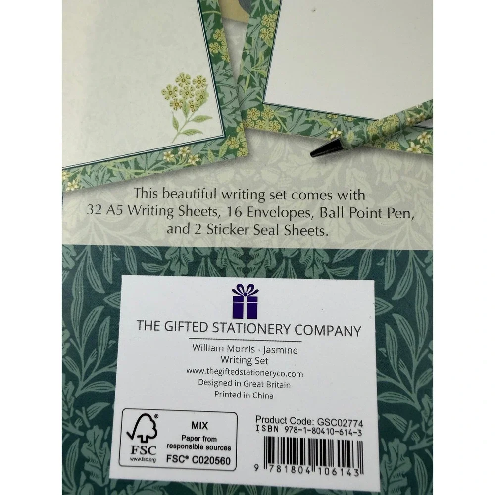 William Morris Jasmine Stationery Writing Set Green Floral Arts Partial Set